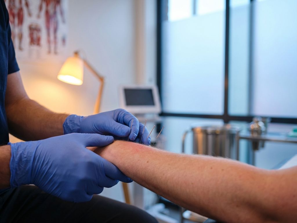 Dunne acupunctuurnaalden in onderarm tijdens professionele dry needling behandeling door fysiotherapeut met handschoenen