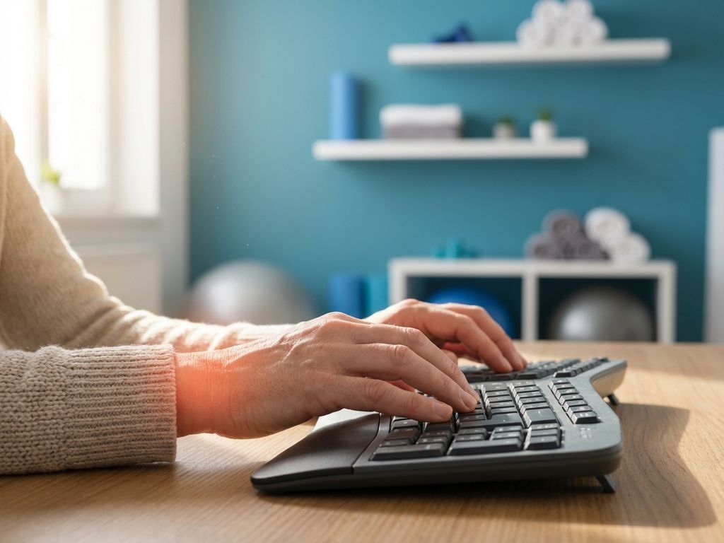 Handen strekken pols boven ergonomisch toetsenbord in fysiotherapiekliniek, rode gloed symboliseert afnemende pijn