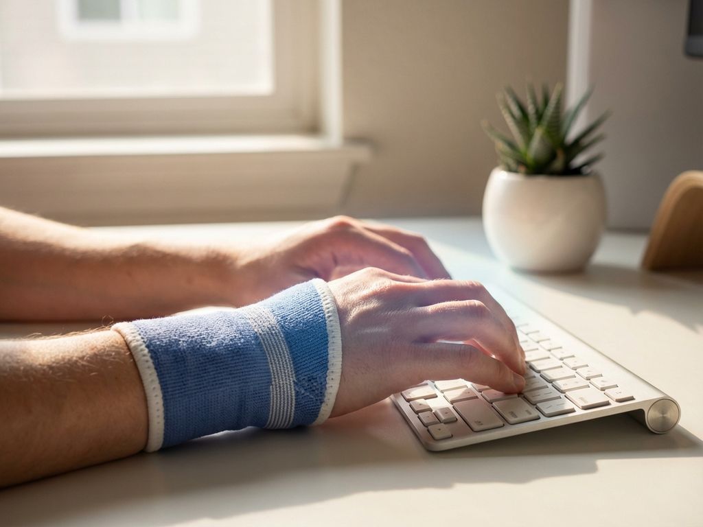 Handen typen op toetsenbord, één pols met steunbrace, warm natuurlijk licht, minimalistische werkplek op achtergrond