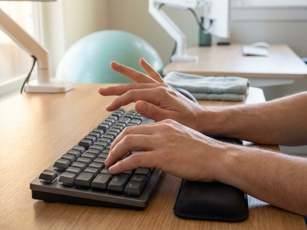 Handen boven ergonomisch toetsenbord met polsstrekoefening voor RSI-preventie in fysiotherapiepraktijk