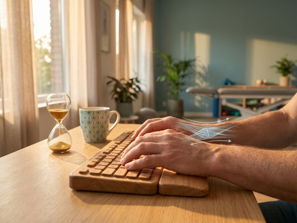 Handen strekken boven ergonomisch toetsenbord in gouden licht, met hourglas en subtiele visualisatie van peesherstel
