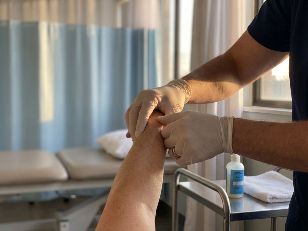 Therapeutische handen masseren gespannen onderarmspieren in een professionele fysiotherapiekliniek met warm natuurlijk licht