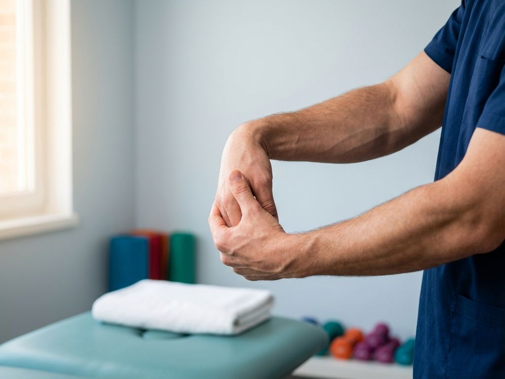 Handen voeren zachte strekoefeningen uit in een fysiotherapiepraktijk met zachte natuurlijke verlichting