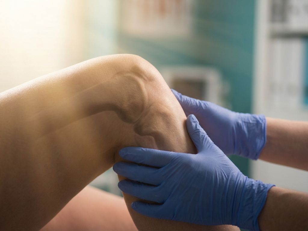 Knie in profiel omgeven door gouden licht, met handen in blauwe handschoenen die therapeutische behandeling geven