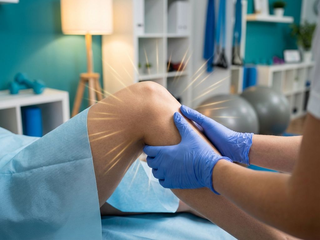 Fysiotherapeut behandelt kniegewricht met zachte manipulatie in moderne kliniek met warme verlichting die genezing symboliseert