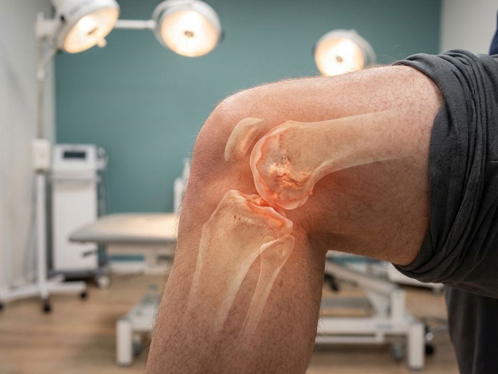 Zijaanzicht van een kniegewricht met zichtbare kraakbeenslijtage en rood-oranje gloed die pijn aanduidt in een fysiotherapiekliniek