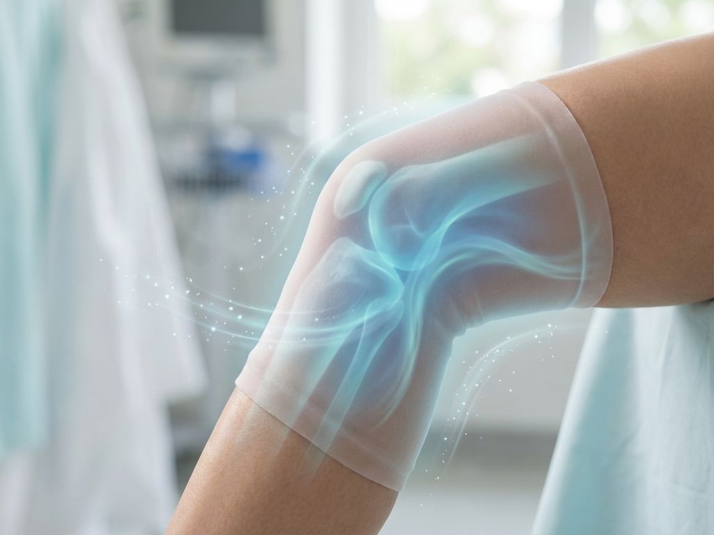 Menselijke knie met blauw therapeutisch licht dat genezing en flexibiliteit suggereert, tegen zachte klinische achtergrond
