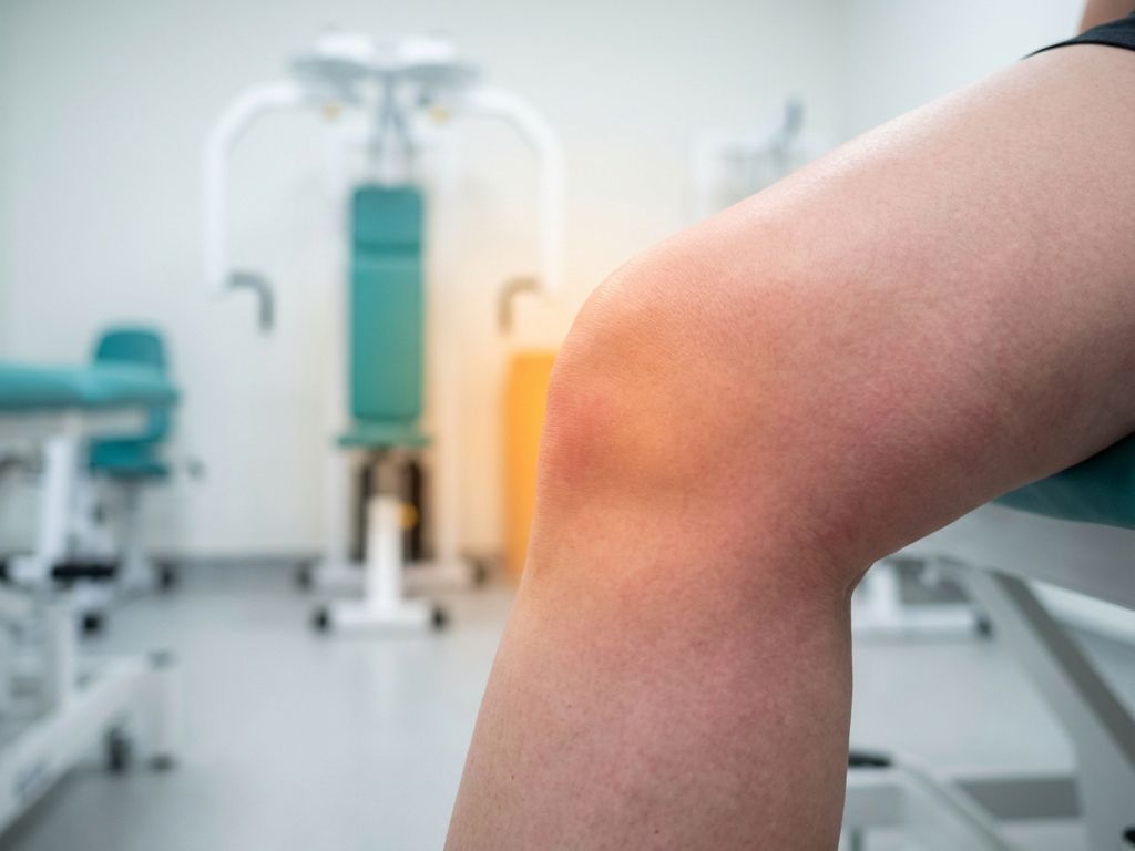 Knie met roodheid en zwelling rond de knieschijf in een fysiotherapieruimte met professionele apparatuur op de achtergrond