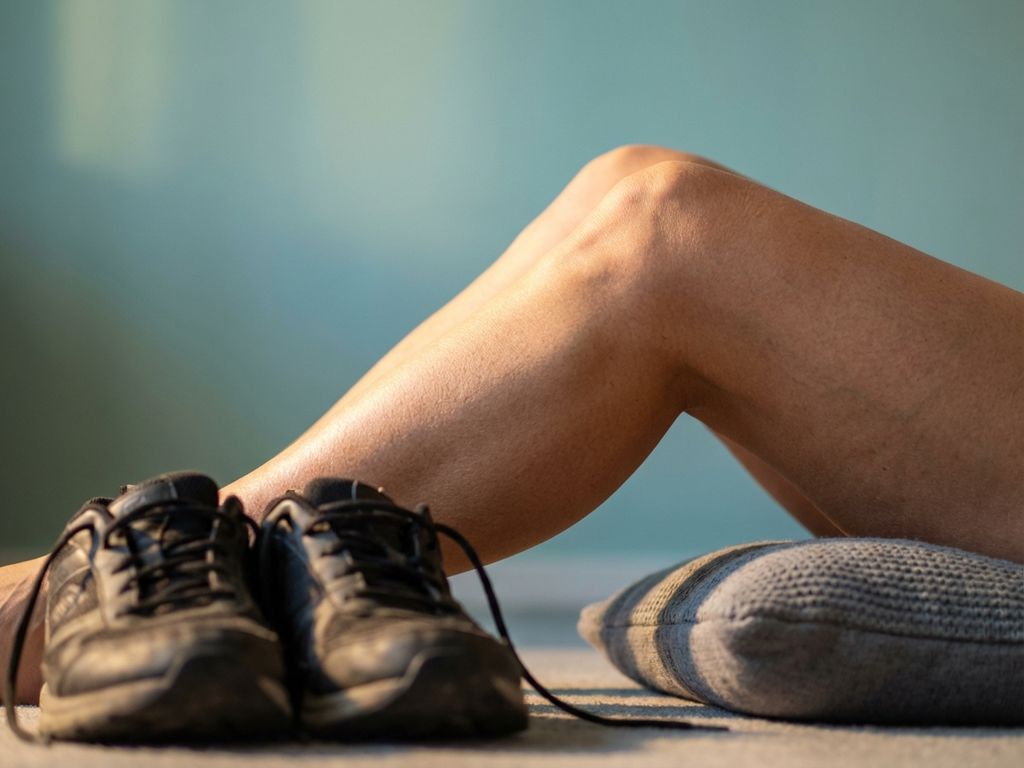 Menselijke knie in profiel met zachte belichting, wandelschoenen en kussen op de achtergrond, gezondheidszorg concept
