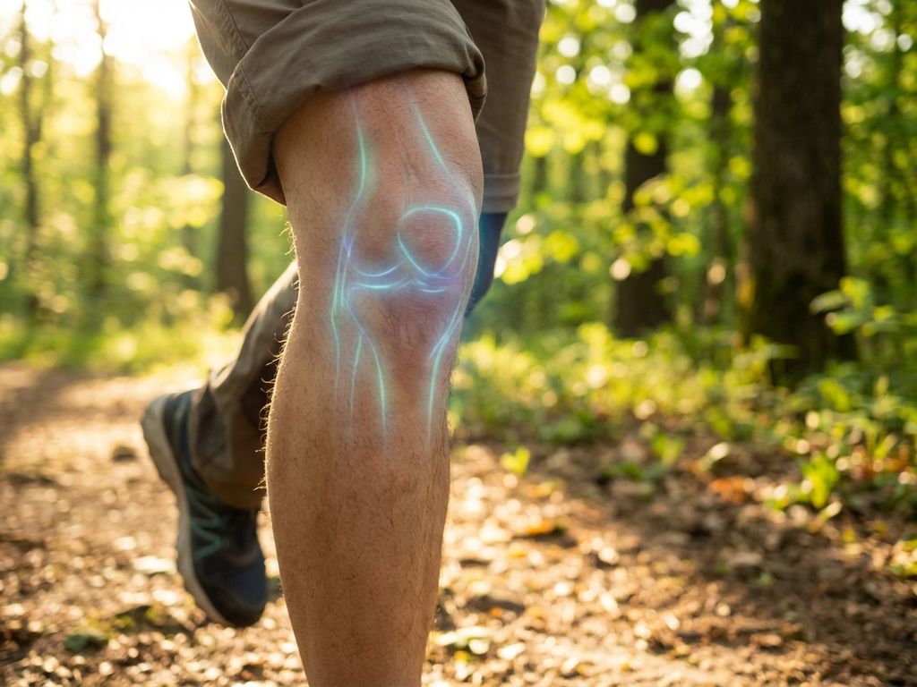 Menselijke knie in beweging op bospad met therapeutisch blauw licht rond het gewricht, ochtendzon door groene bomen