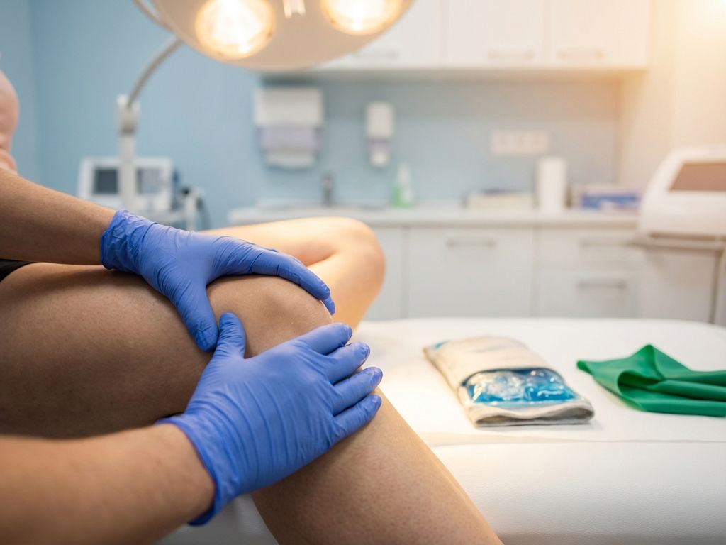 Knie-onderzoek door fysiotherapeut met medische handschoenen in moderne kliniek, ijspak en weerstandsband op behandeltafel