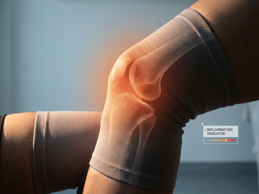 Menselijke knie van opzij met roodachtige gloed rond de knieschijf die ontsteking en pijn aanduidt, klinische achtergrond