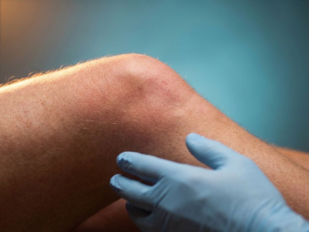 Ontstoken knie met roodheid en zwelling, therapeutische hand nabij, professionele medische fotografie met zachte verlichting