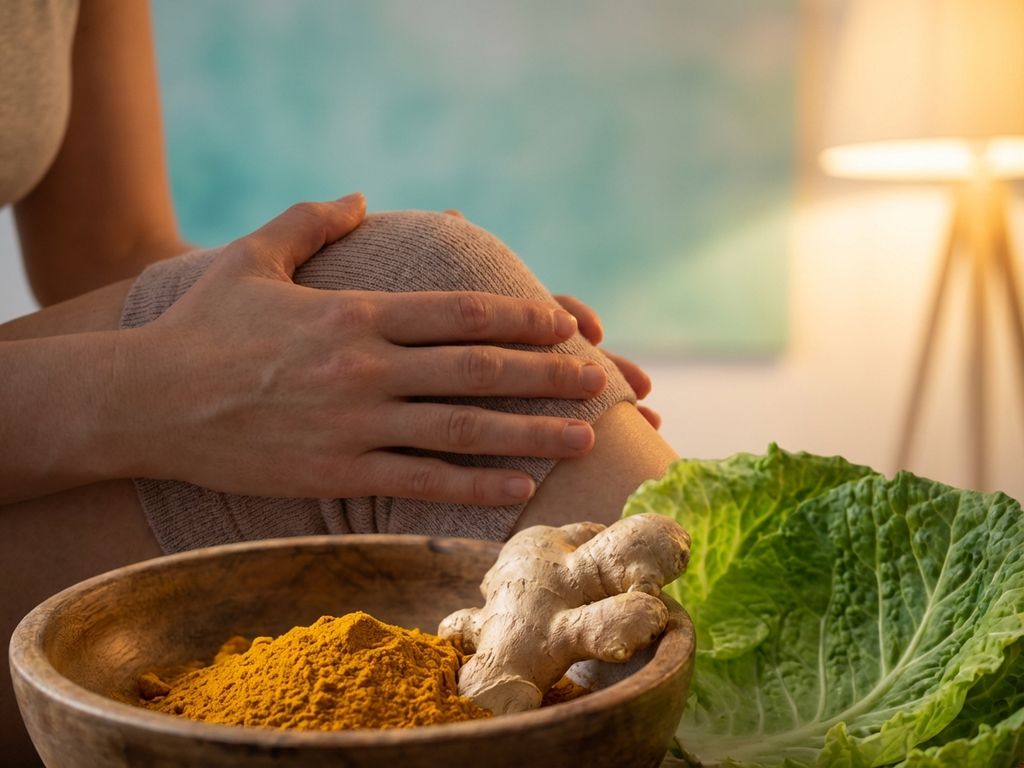 Menselijke knie met natuurlijke ontstekingsremmers: verse gember, kurkumapoeder en koolbladeren in klinische setting