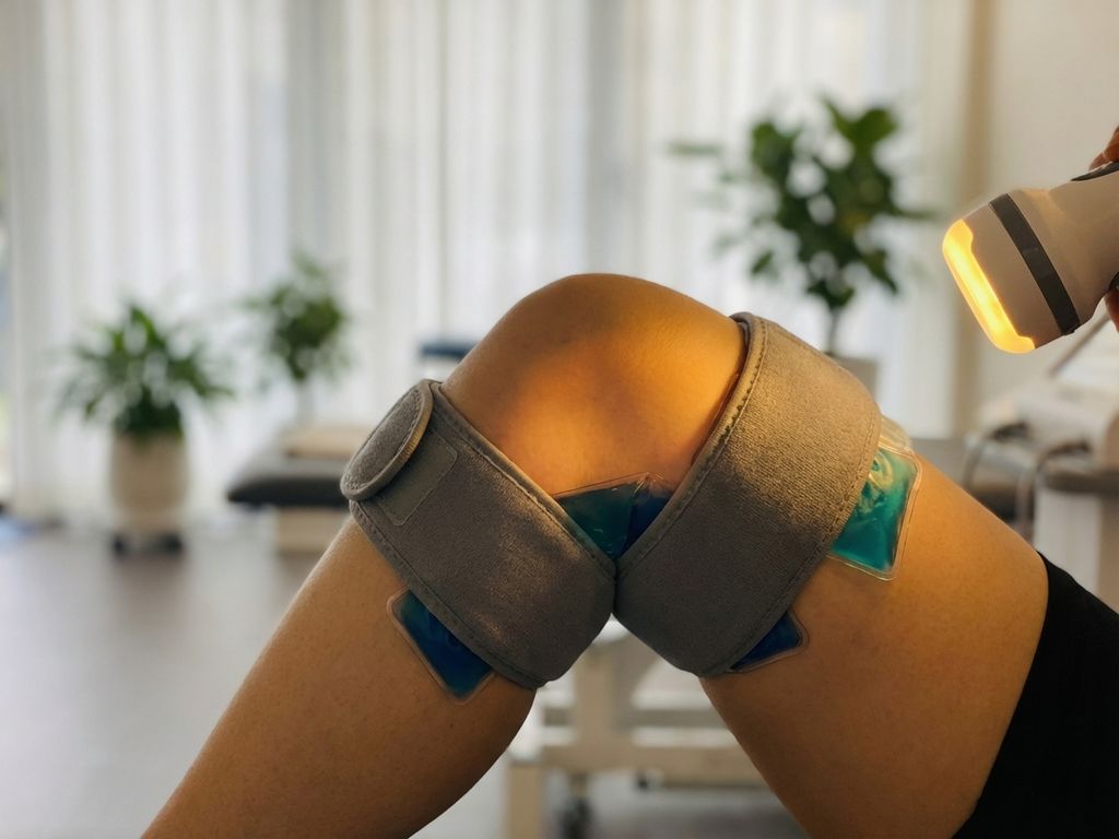 Menselijke knie in profiel omgeven door warm gouden therapeutisch licht, suggereert pijnverlichting in klinische omgeving