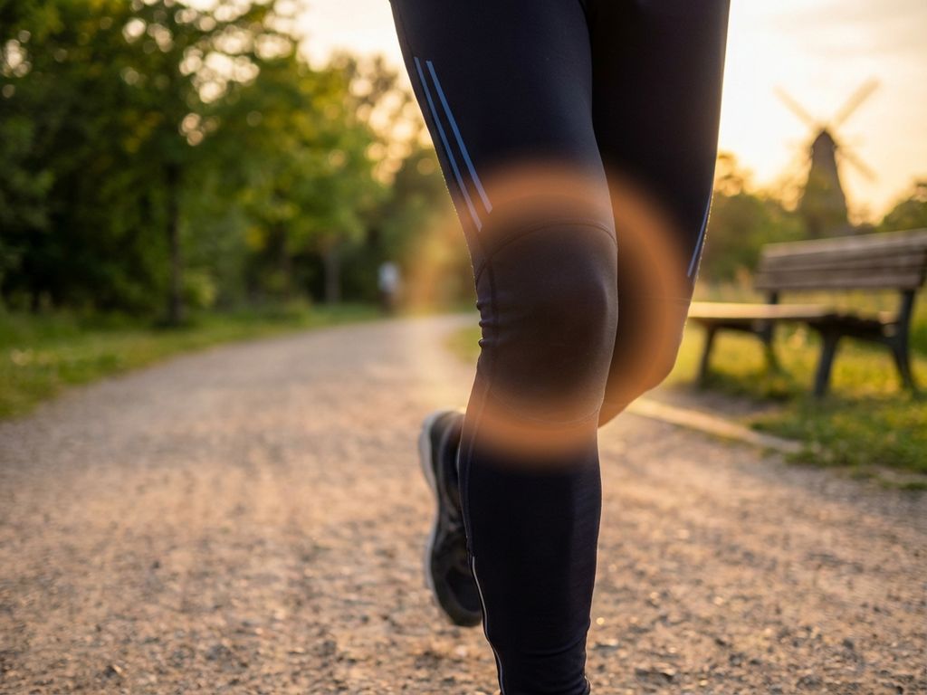 Knie in beweging tijdens wandeling in zonnig park, met therapeutische gloed op het gewricht en sportkleding in medisch blauw