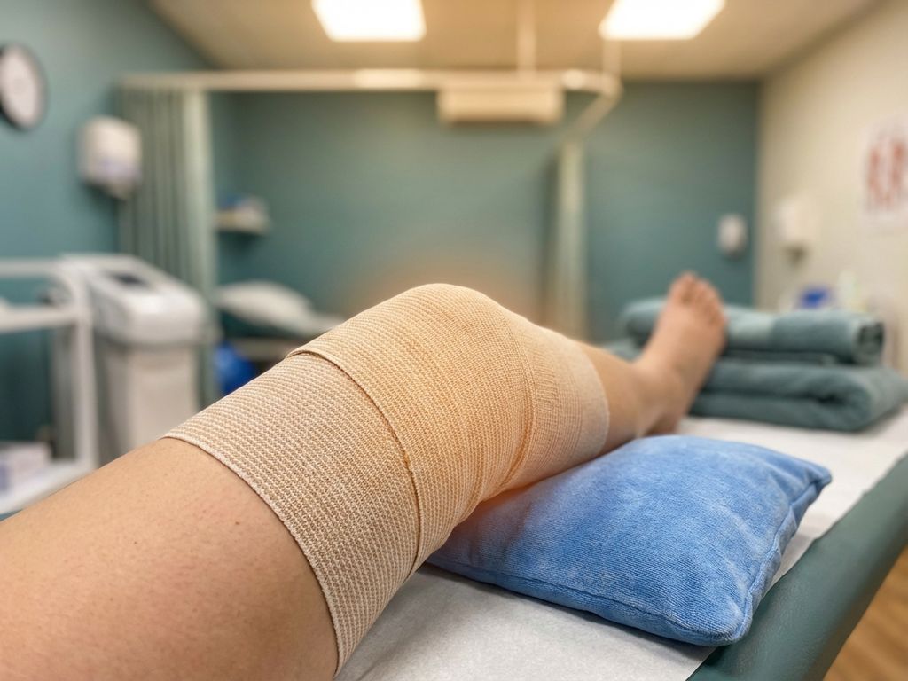 Knie omwikkeld met elastisch steunverband en ijspak in fysiotherapiekliniek met zachte verlichting en rustgevende kleuren