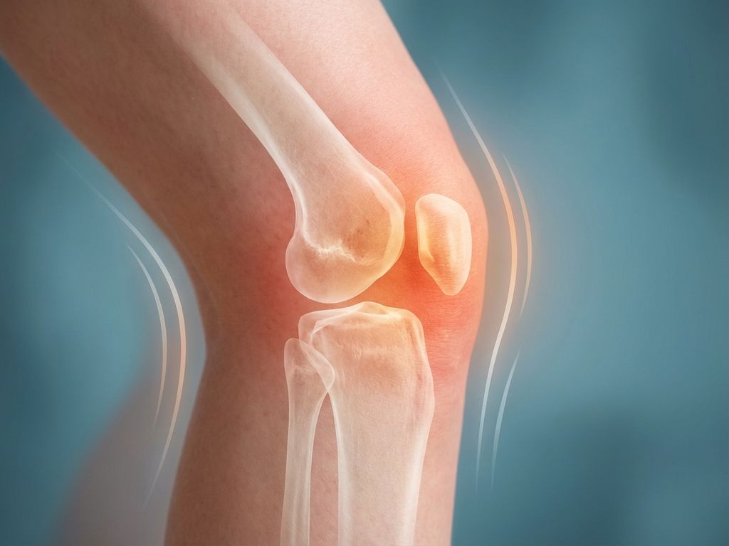 Menselijke knie met transparante röntgenweergave van botten en kraakbeen, oranje gloed rond knieschijf duidt op pijn