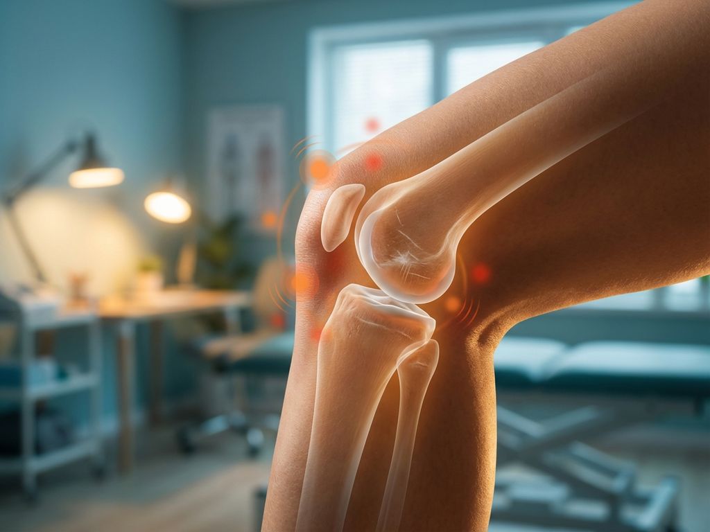 Kniegewricht met zichtbare kraakbeen- en botstructuur, slijtage en subtiele ontstekingsindicatoren in fysiotherapieruimte