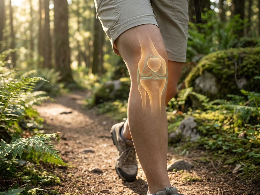 Knie in beweging op bospad met gouden ochtendlicht, subtiele visualisatie van gewrichtszone omgeven door groen gebladerte