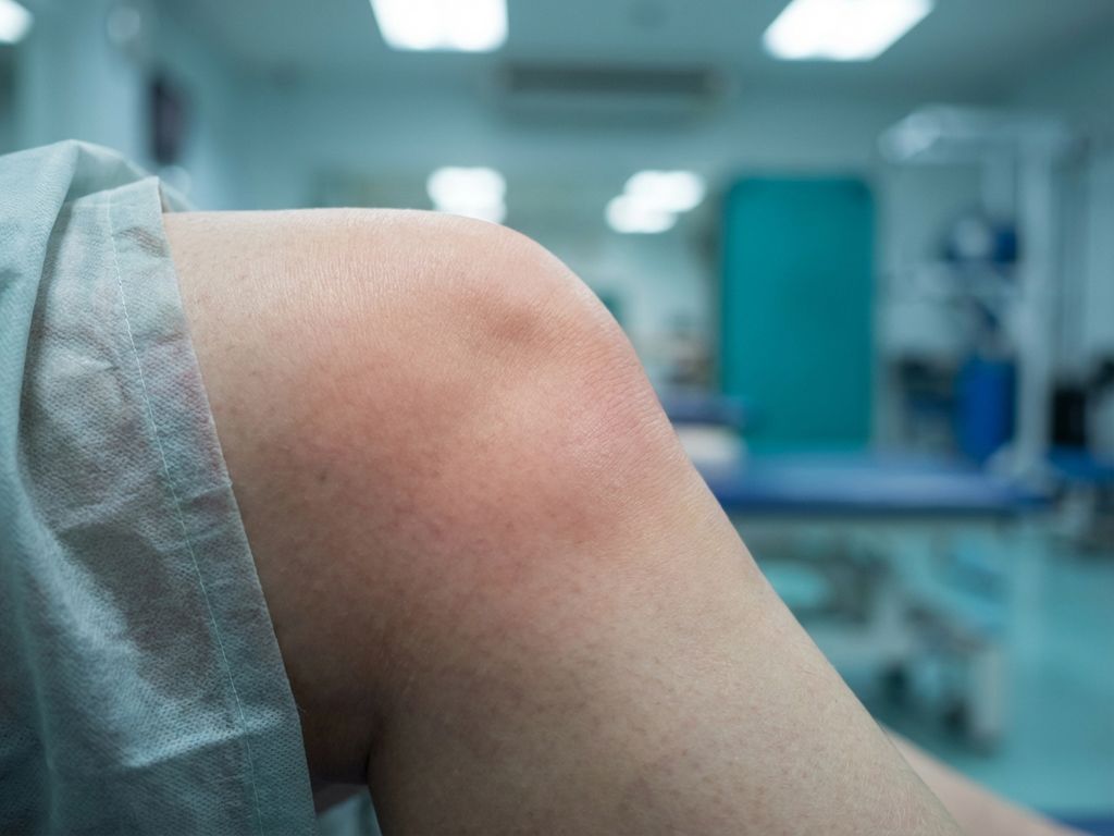 Ontstoken kniegewricht met roodachtige gloed in profiel, gefotografeerd in een fysiotherapiekliniek met blauwe tinten.