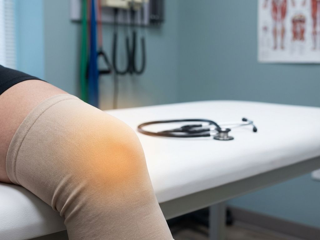 Knie met amberkleurige gloed die ongemak suggereert, stethoscoop op medisch oppervlak, fysiotherapiekliniek op achtergrond