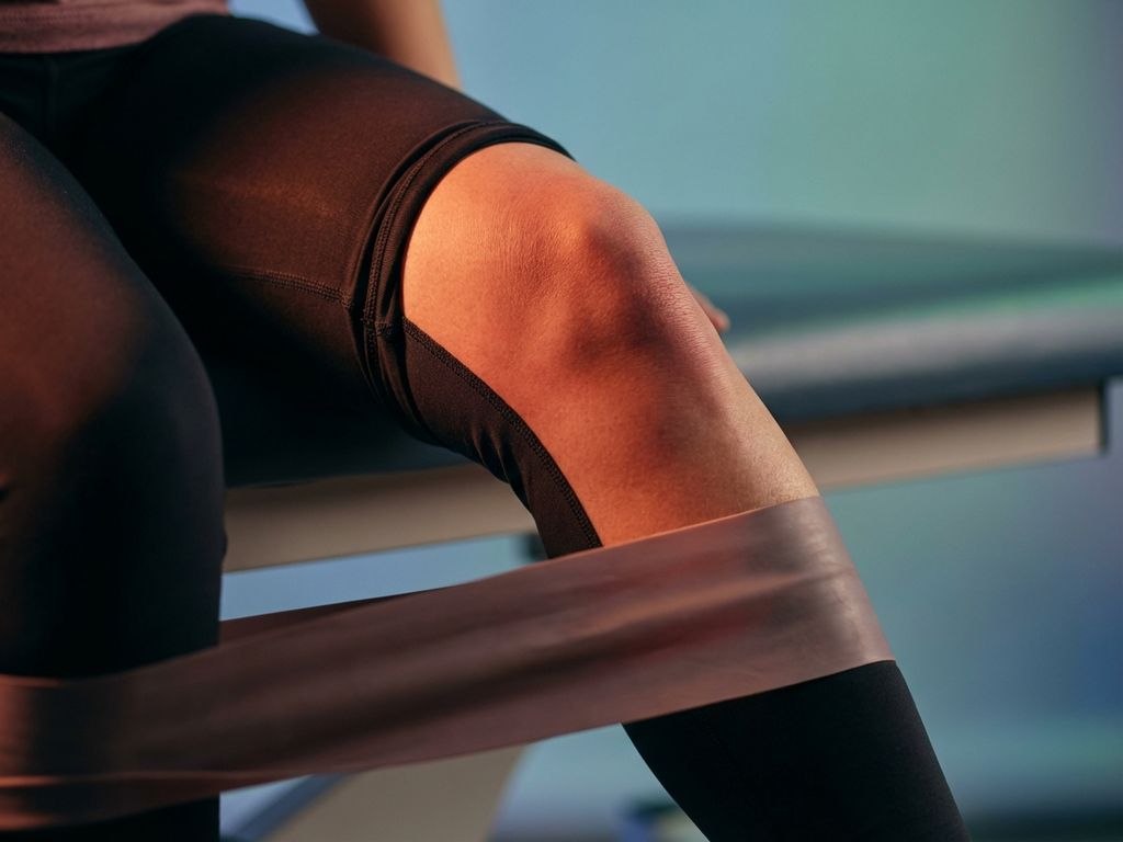 Kniegewricht in beweging met rood-oranje markering van pijngebied en onjuist geplaatste weerstandsband op klinische achtergrond