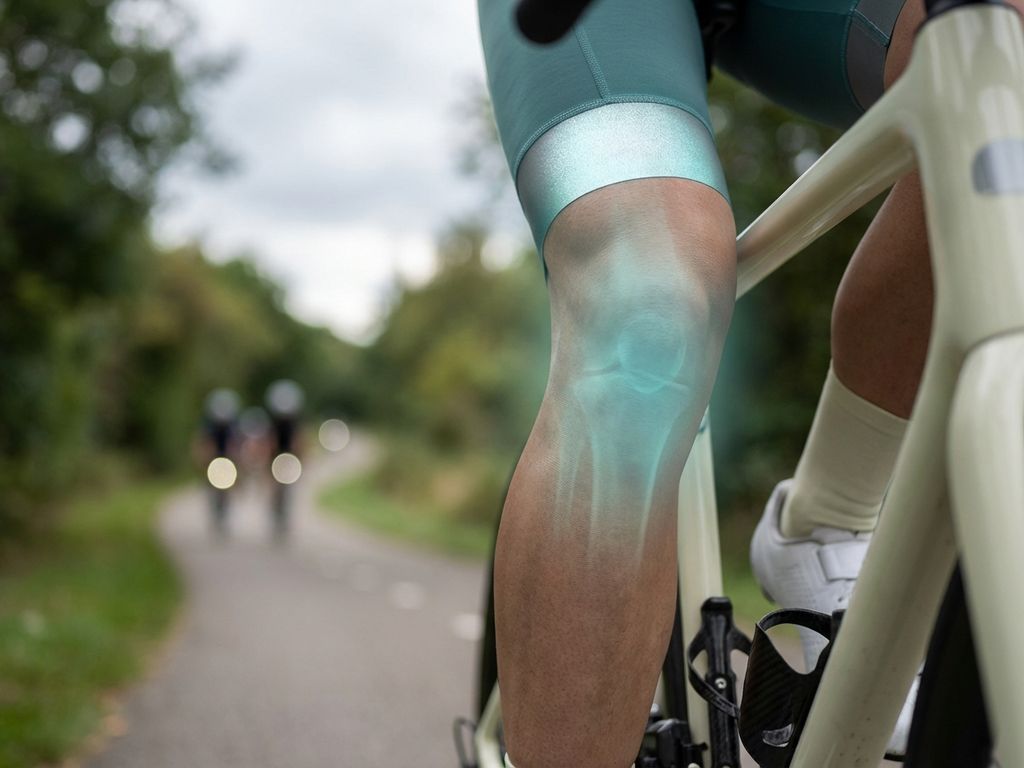 Knie van fietser in beweging op racefiets met blauwgroene therapeutische gloed, symboliseert herstel en verlichting