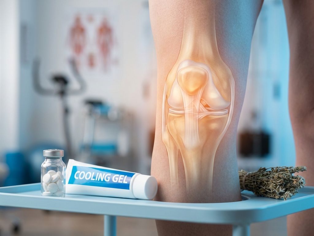 Kniegewricht met amberkleurige pijnmarkering, omringd door pijnstillers, koelgel en kruiden in fysiotherapiekliniek