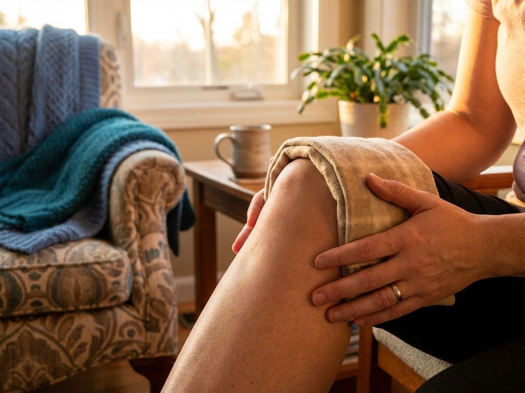 Knie met warm kompres wordt ondersteund door zorgzame handen in huiselijke omgeving met natuurlijk licht