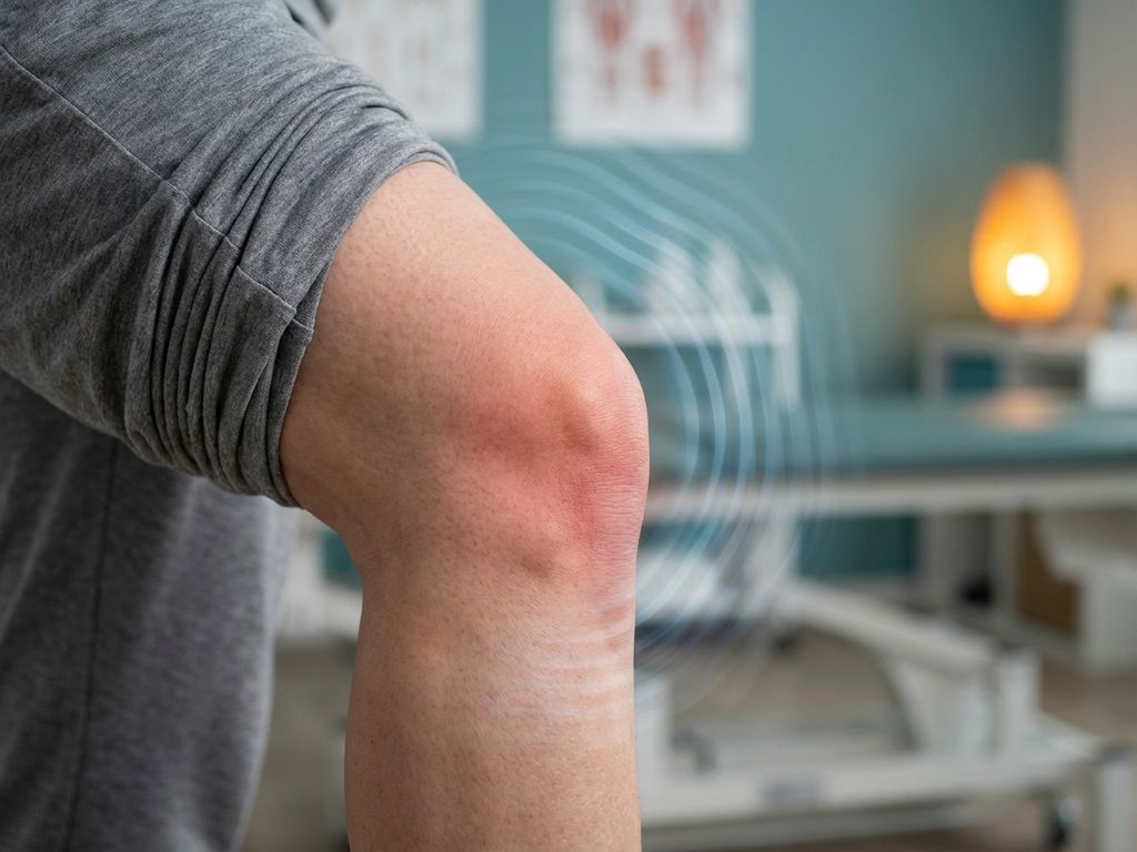 Knie met roodheid en zwelling rond de knieschijf, blauwe pijnoverlay, in een fysiotherapiekliniek met zachte verlichting