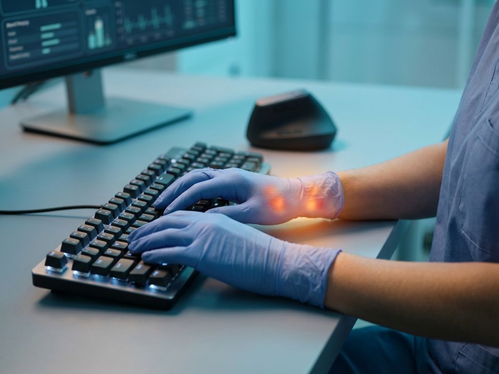 Handen op computertoetsenbord met oplichtende pijngebieden op pols, die RSI-symptomen tonen in moderne kantooromgeving