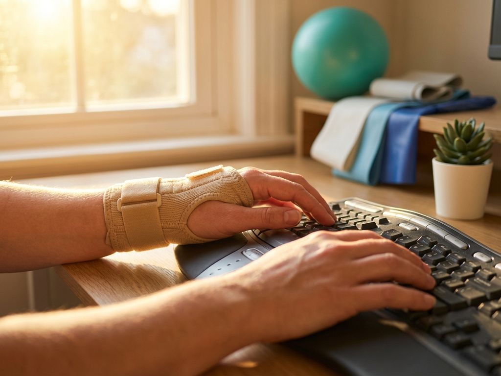 Handen op ergonomisch toetsenbord met polsbrace in warm ochtendlicht, fysiotherapie-attributen op de achtergrond