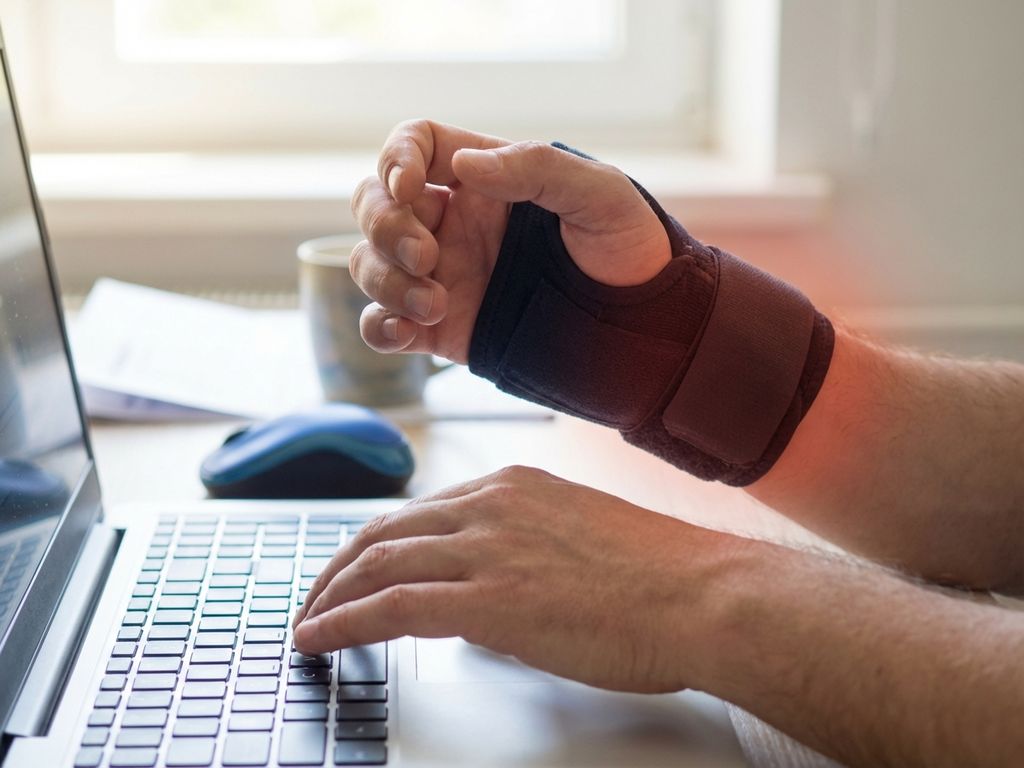 Handen boven toetsenbord met polsbrace die pijn aanduidt, in ergonomische kantooromgeving met zacht natuurlijk licht