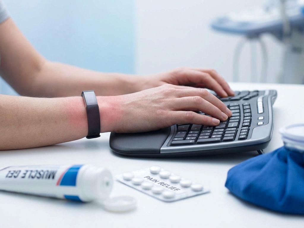 Handen op ergonomisch toetsenbord met zichtbare polsbelasting, omringd door pijnstillende gel, tabletten en koelkompres