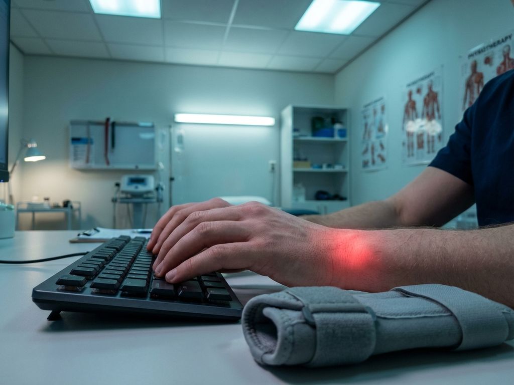 Handen typen op toetsenbord met rode pijngloed in pols, polsbrace ernaast, in fysiotherapiepraktijk met klinische verlichting