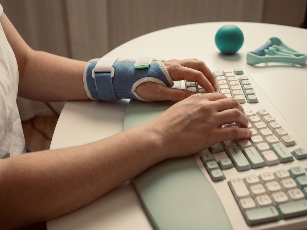 Handen typen op ergonomisch toetsenbord met polsbrace, therapeutische hulpmiddelen op achtergrond, RSI-behandeling