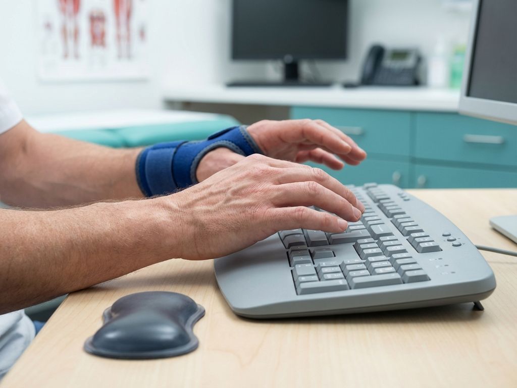 Handen boven toetsenbord met blauwe polsbrace, gespannen vingers tonen symptomen van RSI in moderne werkplek