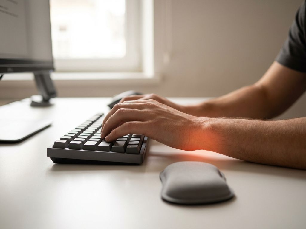 Handen typen op toetsenbord met rood-oranje gloed rond pols die pijn aanduidt, ongebruikte polssteun op bureau