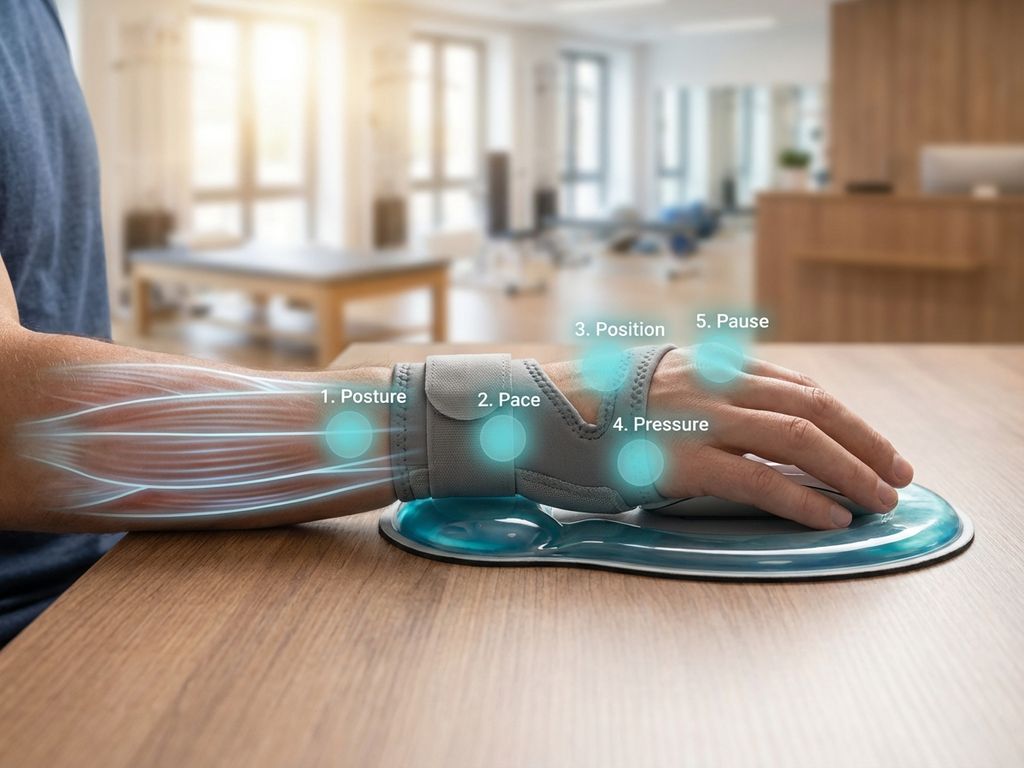 Hand op ergonomische muismat met vijf oplichtende drukpunten die RSI-risicozones tonen in fysiotherapiekliniek