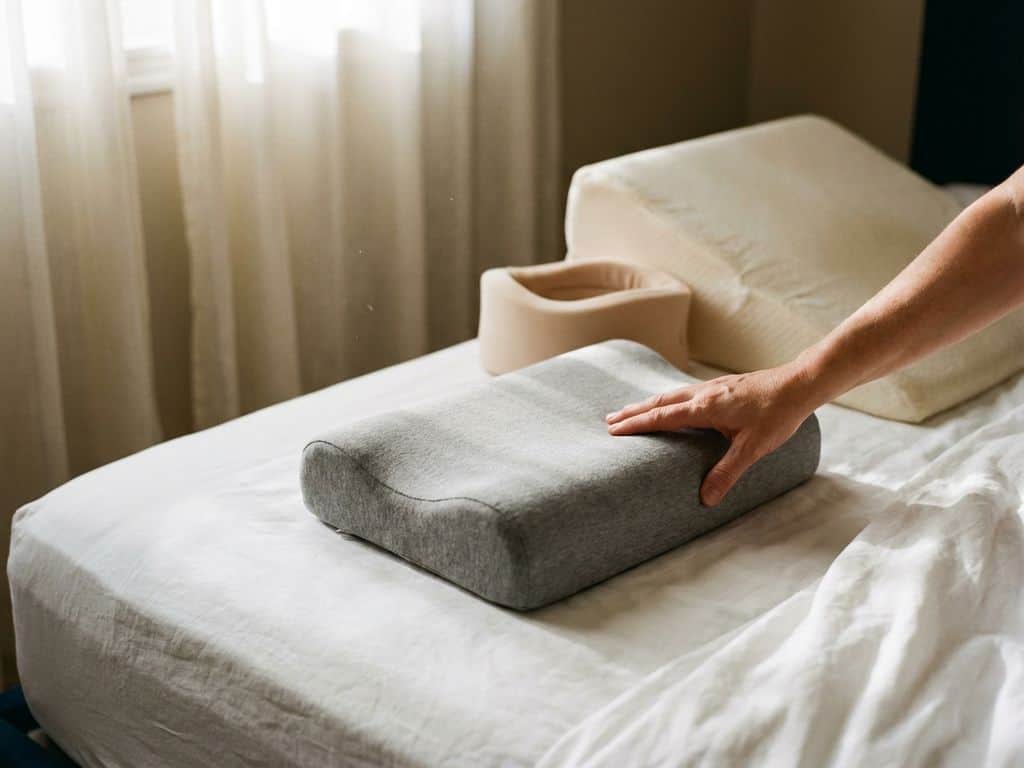 Hand past cervicaal nekkussen aan op wit bed, met nekbrace en ergonomisch wigkussen in zacht ochtendlicht