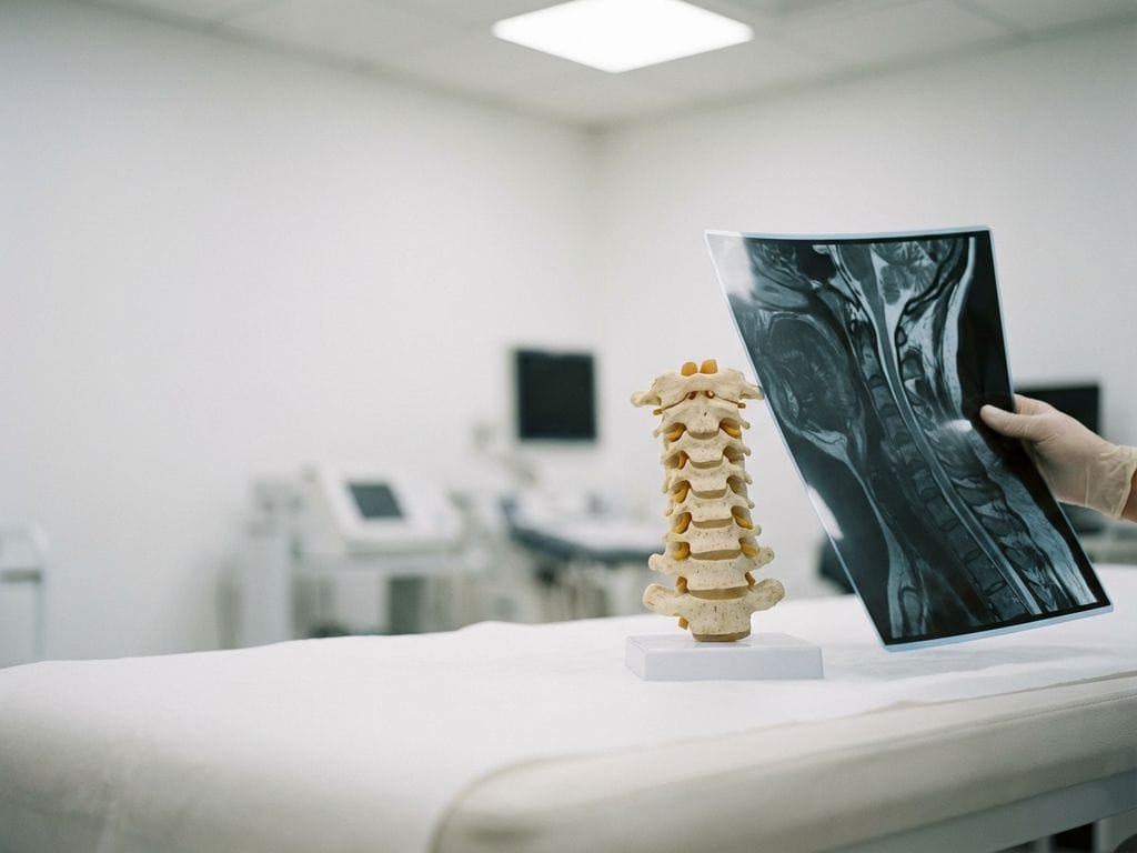 Anatomisch model van cervicale wervelkolom naast MRI-scan van nekwervels vastgehouden door radioloog in kliniek