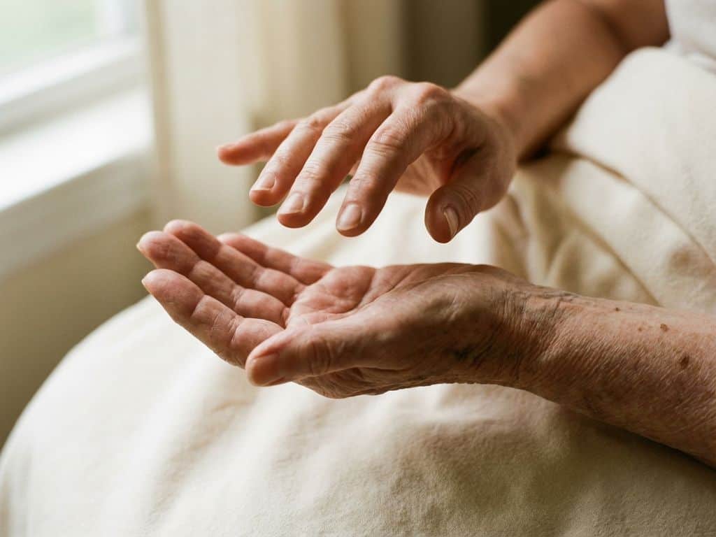 Oudere en jongere vrouwenhand raken elkaar zacht aan, met zichtbare familiegelijkenis in zachte natuurlijke verlichting