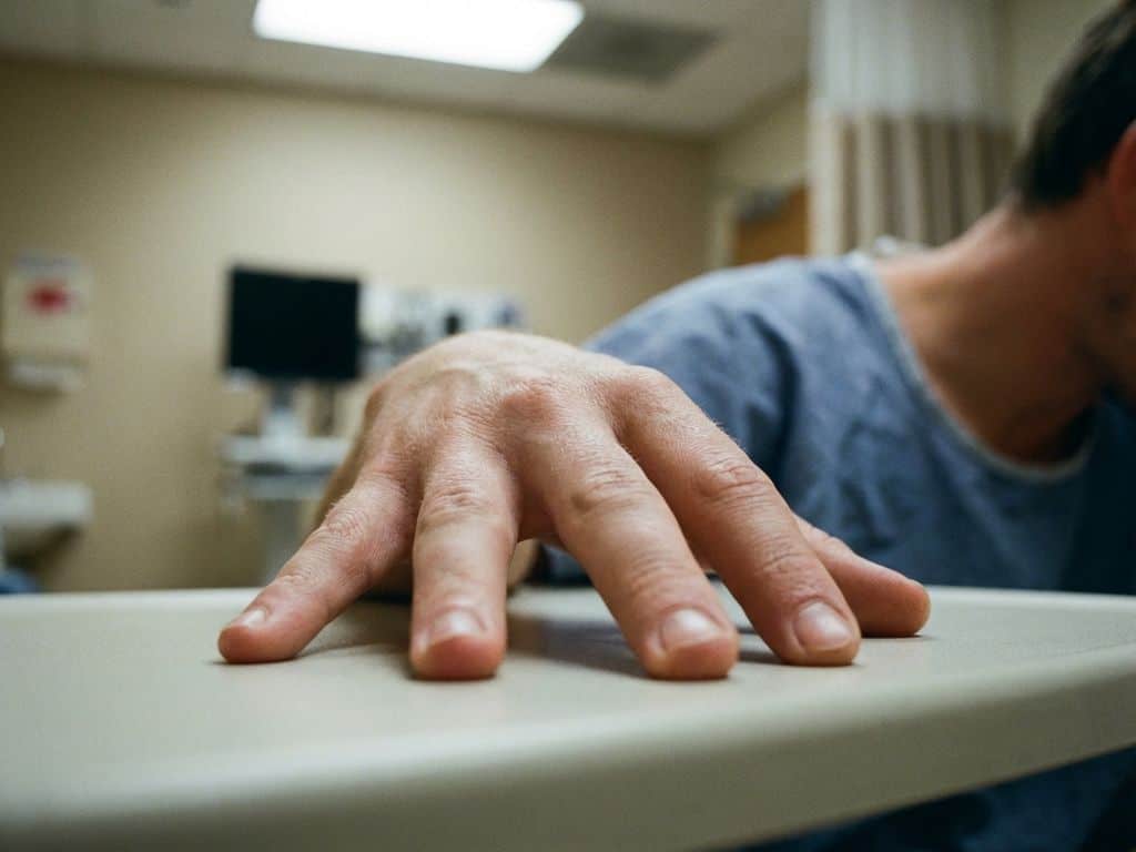 Close-up van een hand met gespreide vingers en kippenvel, nek en bovenrug wazig op de achtergrond in medische onderzoeksruimte