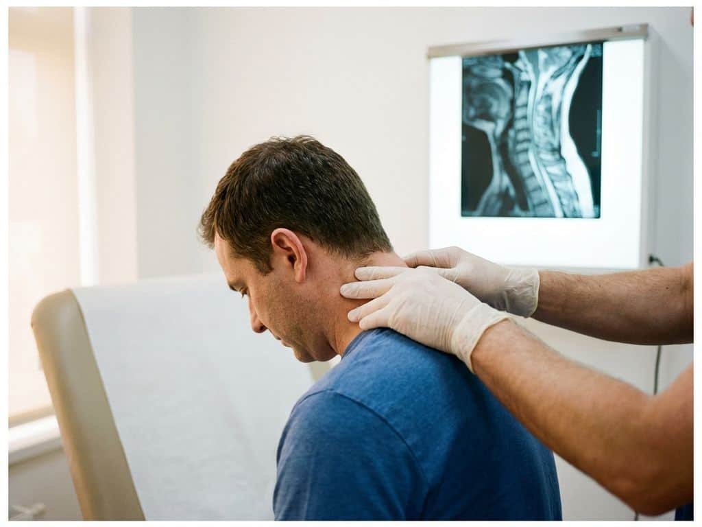 Arts onderzoekt nek van patiënt in medische praktijk, MRI-scan zichtbaar op lichtbak aan de muur