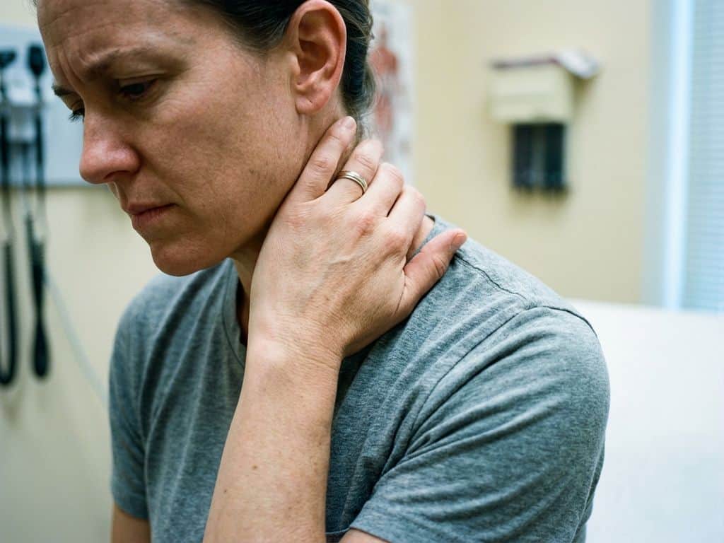 Hand reikt naar nek en drukt op cervicale wervelkolom, toont spanning in schouderspieren in medische onderzoeksruimte