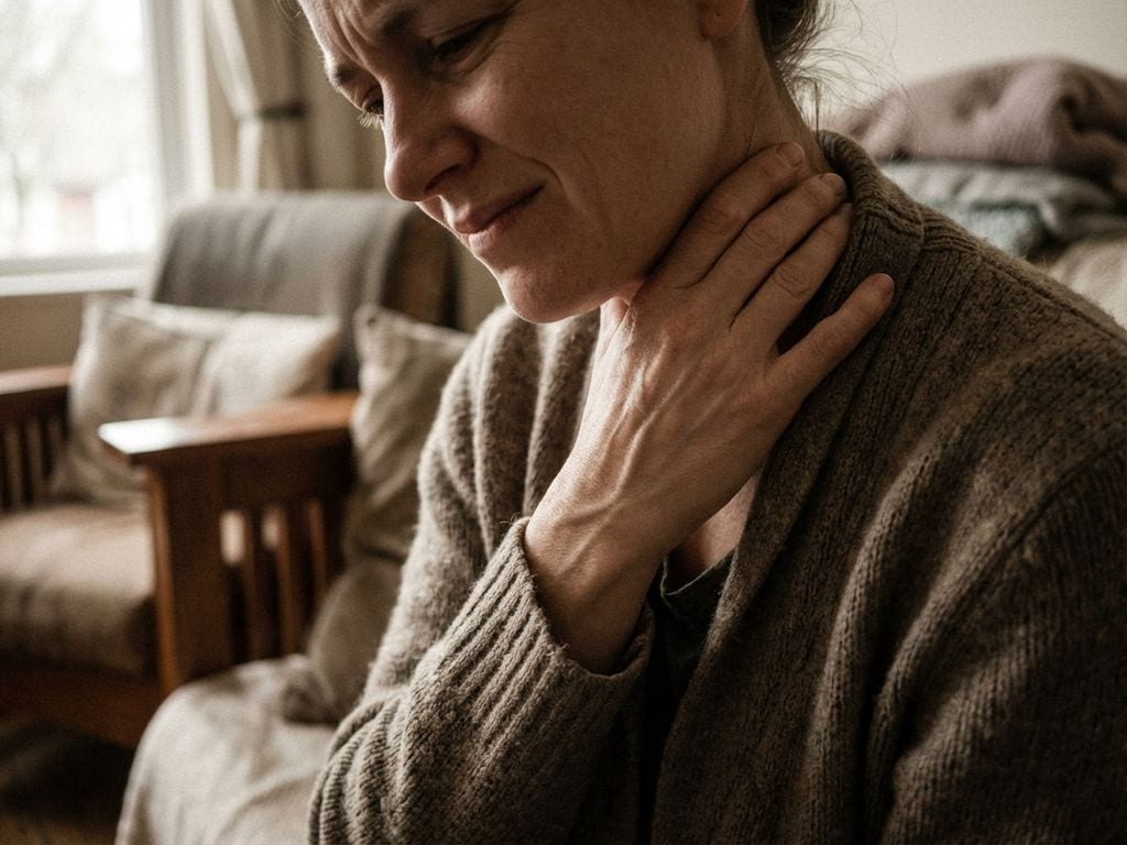 Hand grijpt pijnlijke nek, gespannen vingers tonen ongemak, schouders opgetrokken in beschermende houding, warm huiselijk licht.