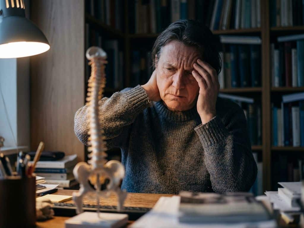 Persoon met hoofdpijn en nekspanning in donkere kamer, anatomisch wervelkolommodel op bureau, cinematografische belichting