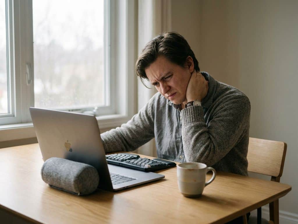 Vermoeide kantoormedewerker met nekpijn aan bureau met laptop, ergonomisch toetsenbord en neksteunkussen bij raam