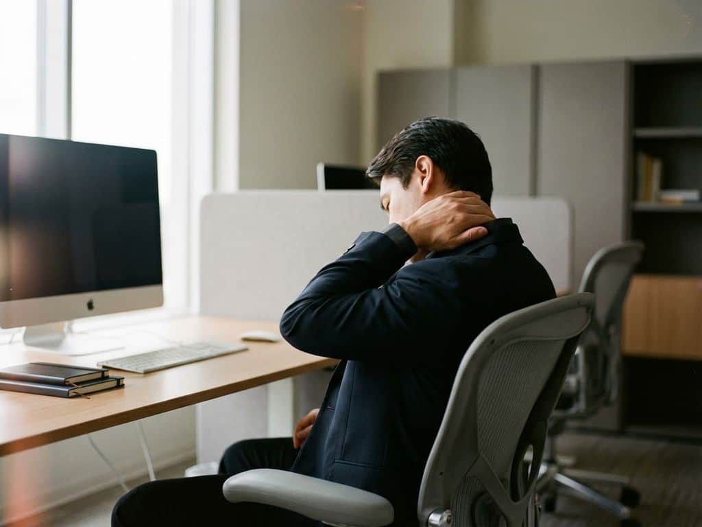 Kantoormedewerker raakt nek aan met ongemak, zittend aan ergonomisch bureau met computer in modern kantoor met natuurlijk licht.